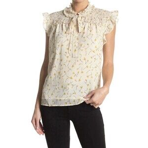 Pleione Smocked Yoke Floral Tie Neck Blouse